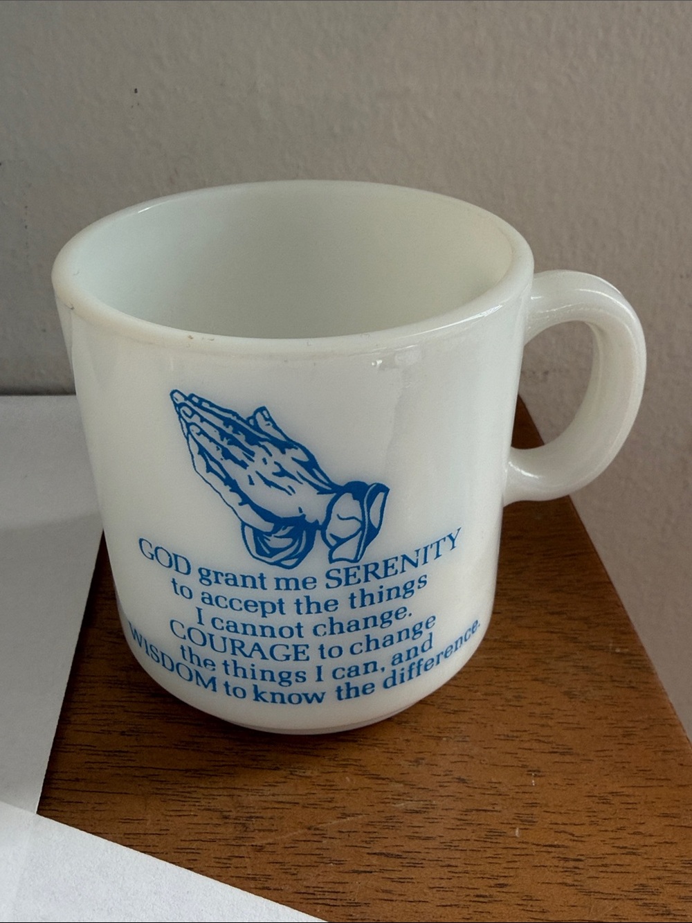 VINTAGE Serenity Prayer White Milk Glass Coffee Tea Mug Cup 6 oz AA